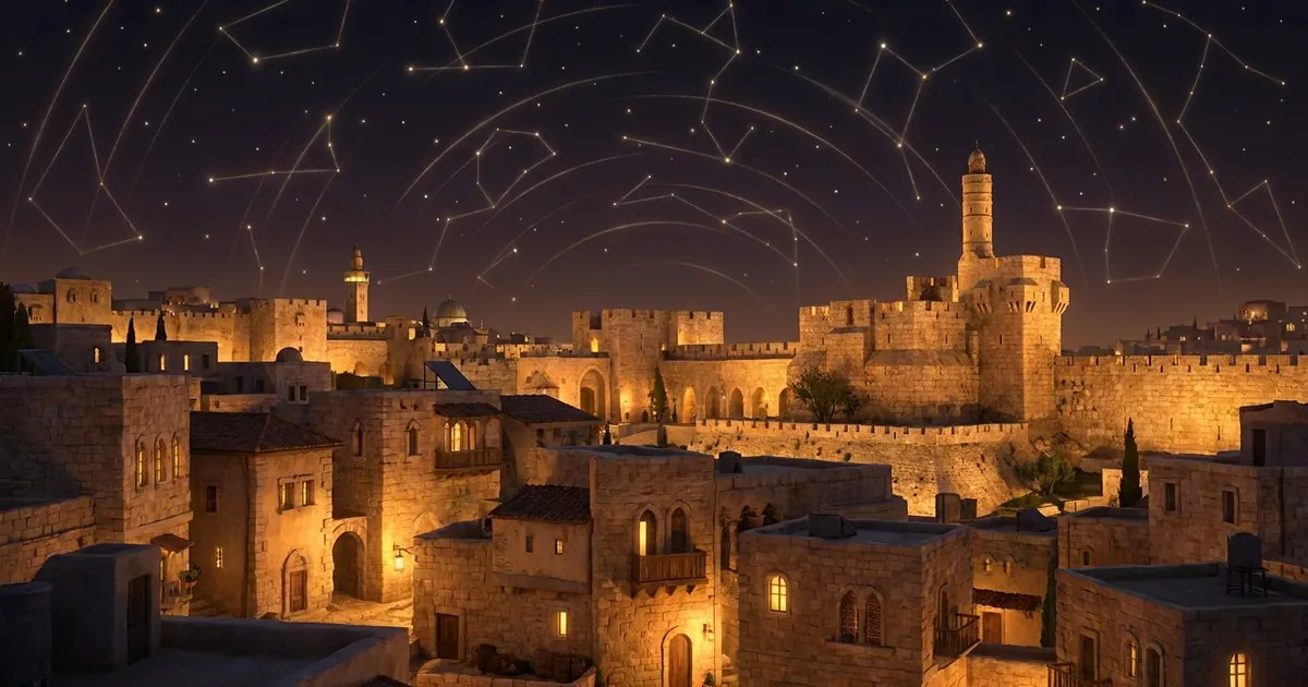 איור: קו הרקיע של ירושלים בלילה תחת שמי כוכבים שנקשרים לקווי אור עדינים