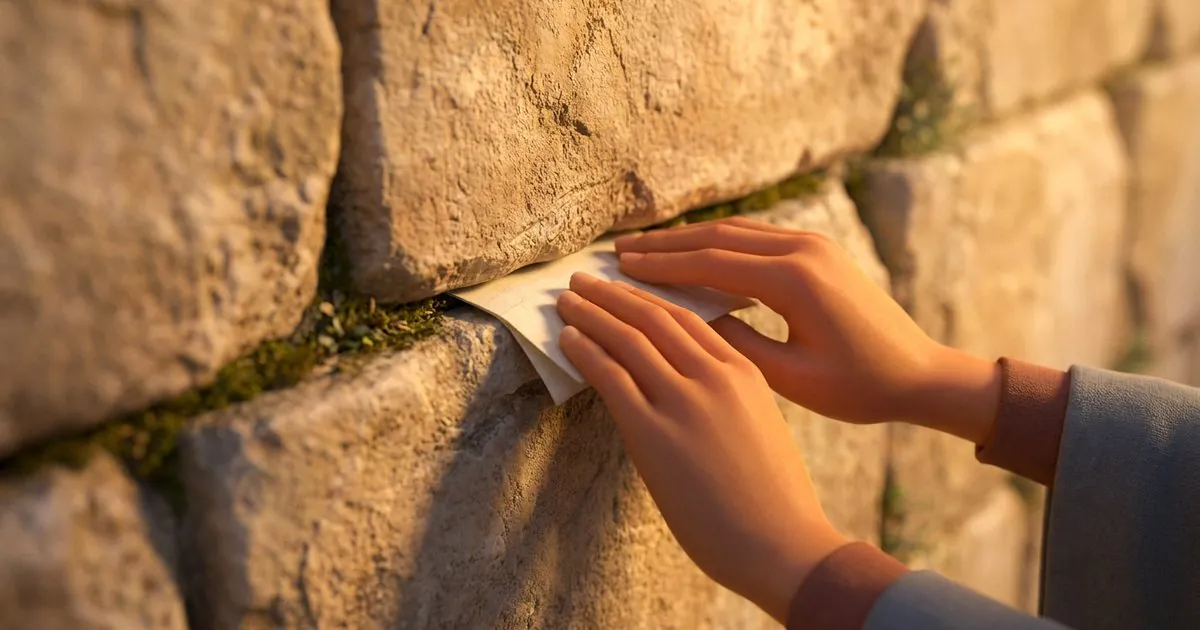 איור: ידיים מניחות פתק מקופל בין אבני הכותל באור זהוב