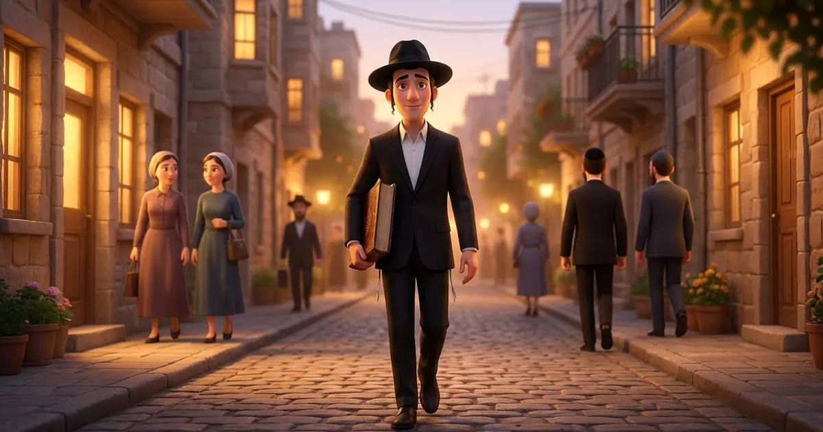 איור: רחוב בבני ברק בשעת ערב, אור חם בחלונות, בחור עם כובע שחור הולך ובידו ספר