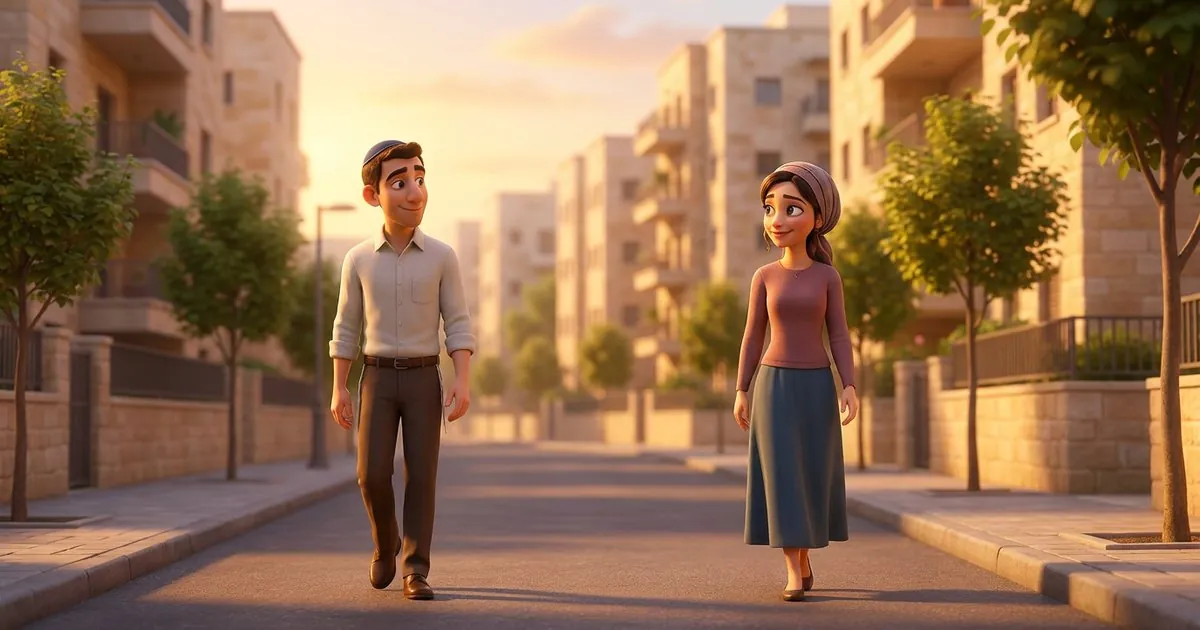 איור: רחוב פרברי ישראלי עם עצים צעירים, בחור ובחורה הולכים בנפרד על המדרכה