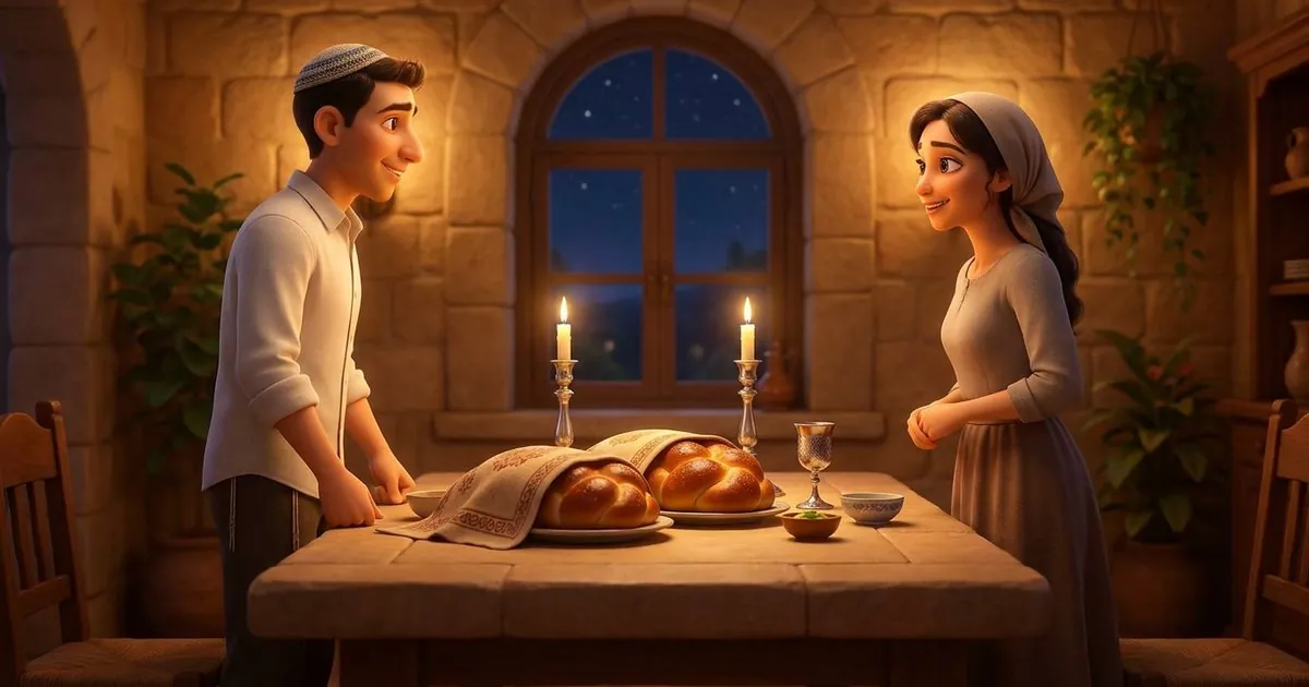 איור: שולחן ליל שבת עם חלות ונרות דולקים, בחור בכיפה סרוגה ובחורה משני צידי השולחן